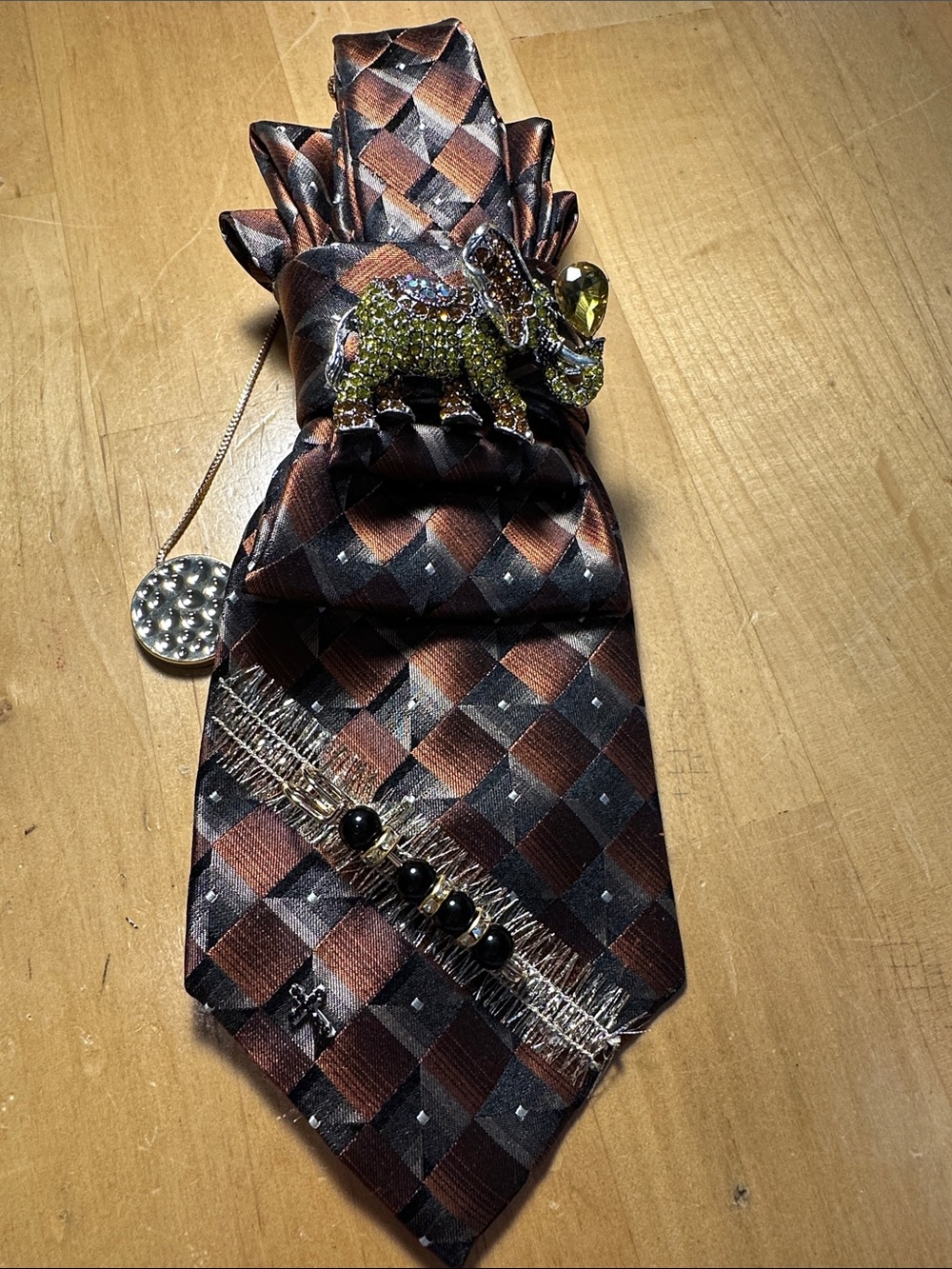Checked Silk Tie with Rhinestone Elephant Brooch